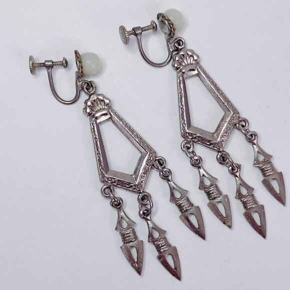 Vintage 1930s Czechoslovakia Art Deco Silver Tone Chandelier Screw Back Earrings - Picture 7 of 12